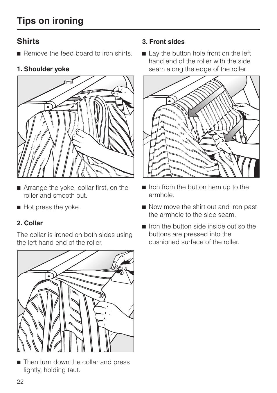 Shirts 22, Tips on ironing, Shirts | Miele B 890 User Manual | Page 22 / 36