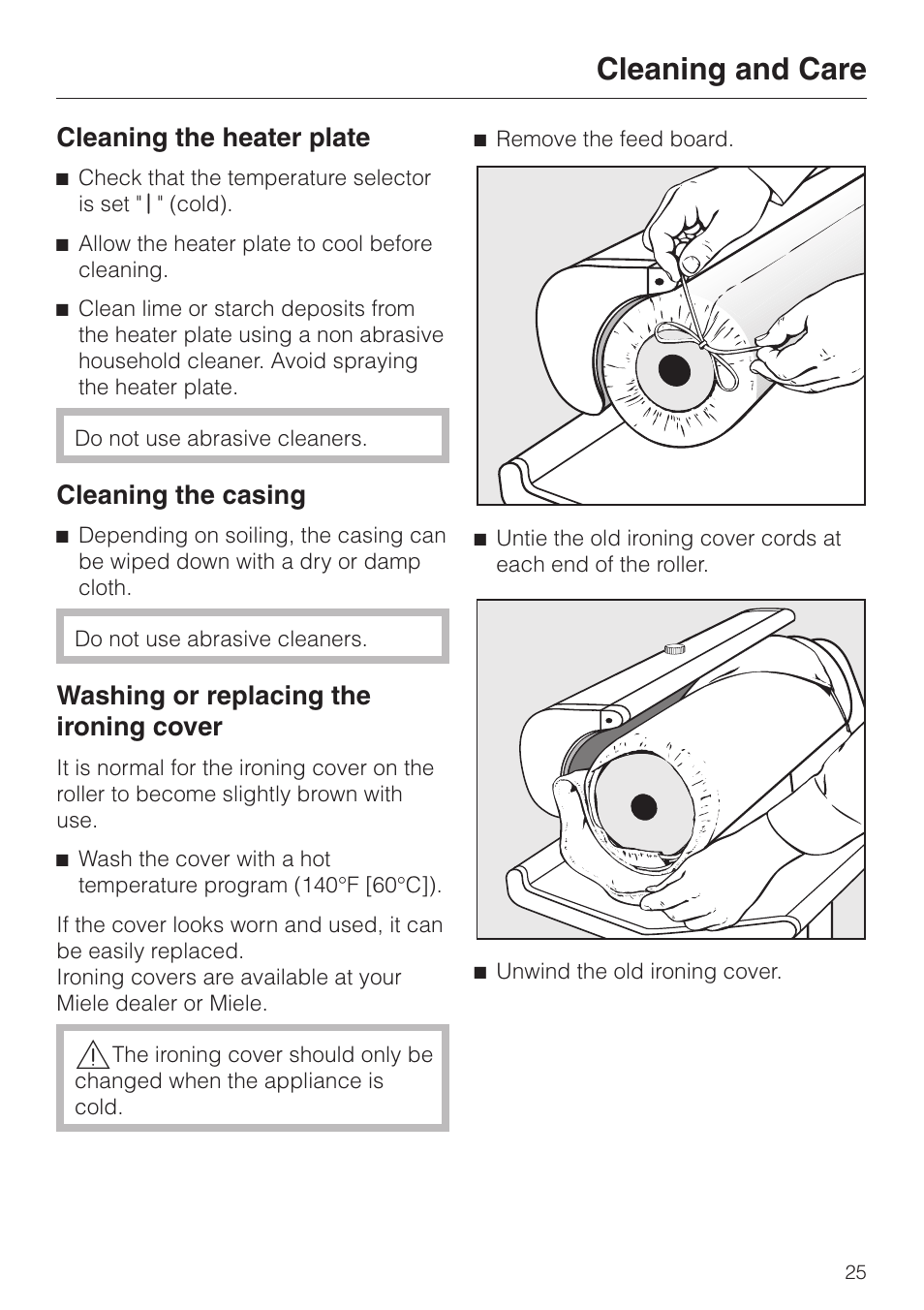 Cleaning and care 25, Cleaning and care, Cleaning the heater plate | Cleaning the casing, Washing or replacing the ironing cover | Miele B 890 User Manual | Page 25 / 36