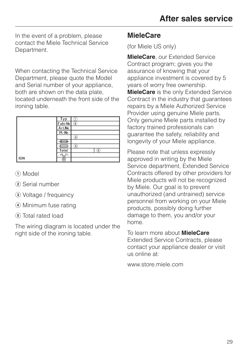 After sales service 29, After sales service, Mielecare | Miele B 890 User Manual | Page 29 / 36