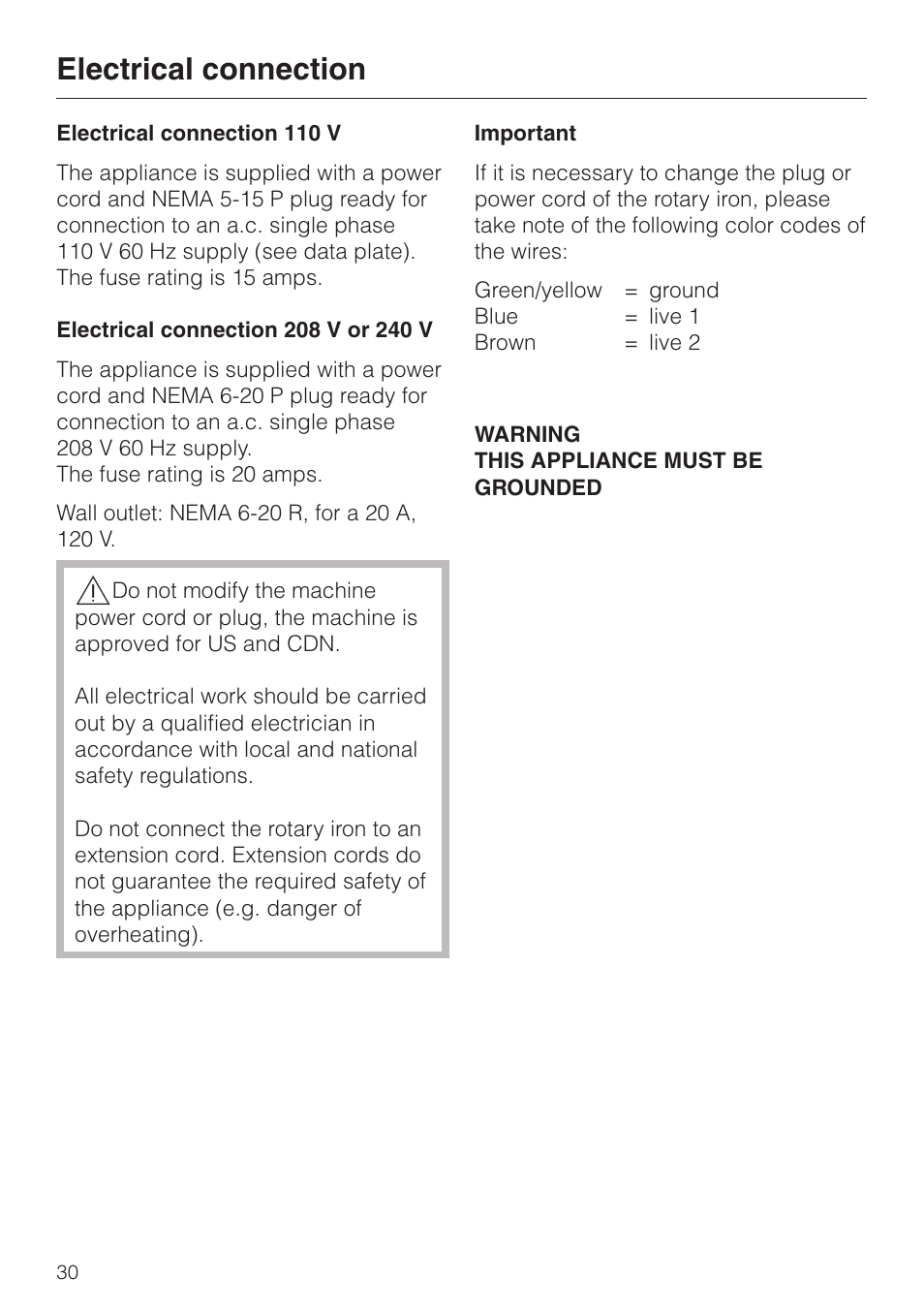 Electrical connection 30, Electrical connection | Miele B 890 User Manual | Page 30 / 36