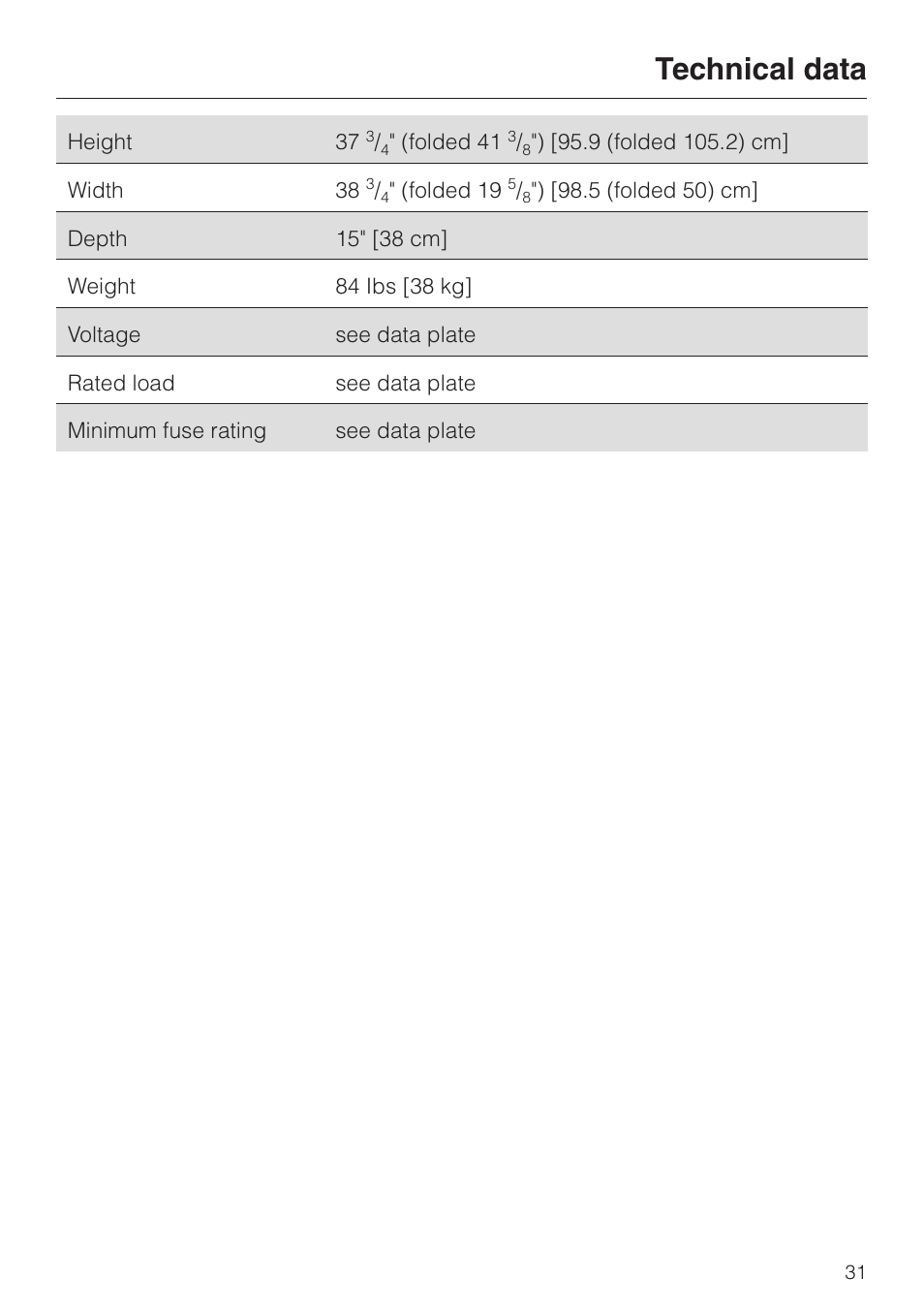 Technical data 31, Technical data | Miele B 890 User Manual | Page 31 / 36