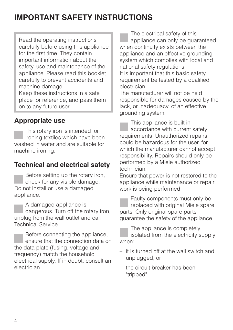 Important safety instructions 4, Important safety instructions, Appropriate use | Technical and electrical safety | Miele B 890 User Manual | Page 4 / 36