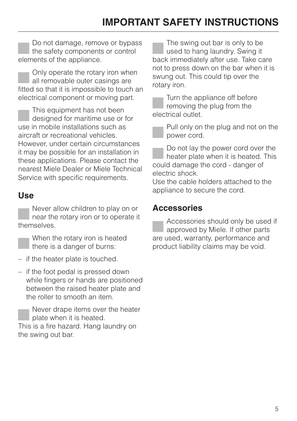 Important safety instructions, Accessories | Miele B 890 User Manual | Page 5 / 36