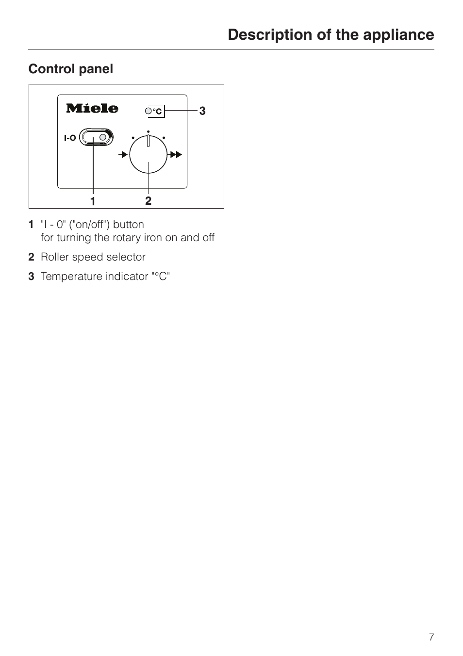 Description of the appliance, Control panel | Miele B 890 User Manual | Page 7 / 36