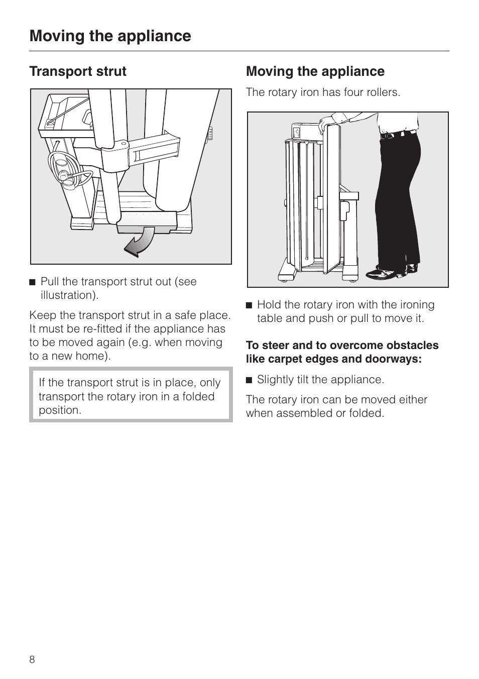 Moving the appliance 8, Transport strut 8, Transport strut | Moving the appliance | Miele B 890 User Manual | Page 8 / 36