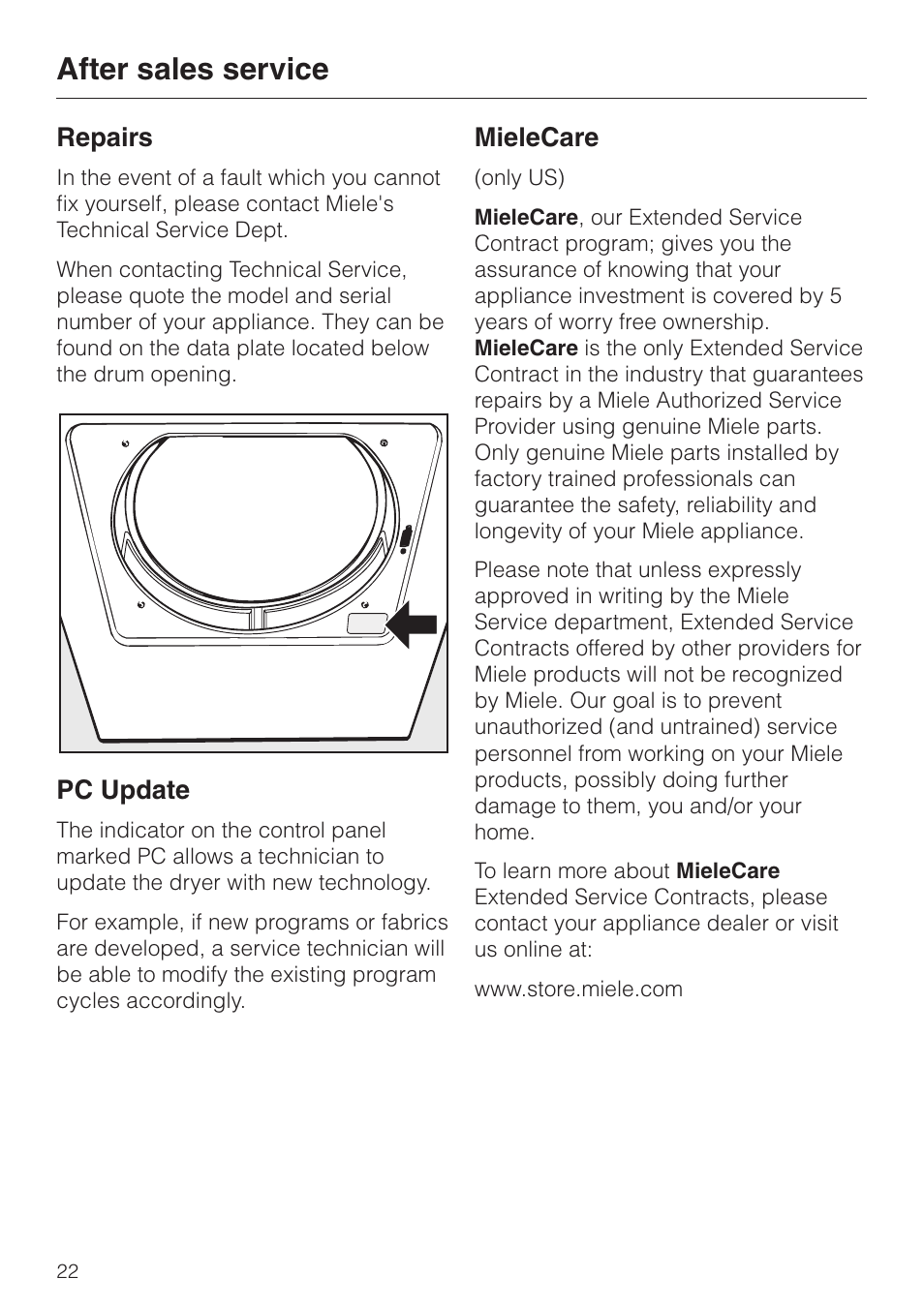 After sales service 22, After sales service, Repairs | Pc update, Mielecare | Miele TOUCHTRONIC T 8012 C User Manual | Page 26 / 40