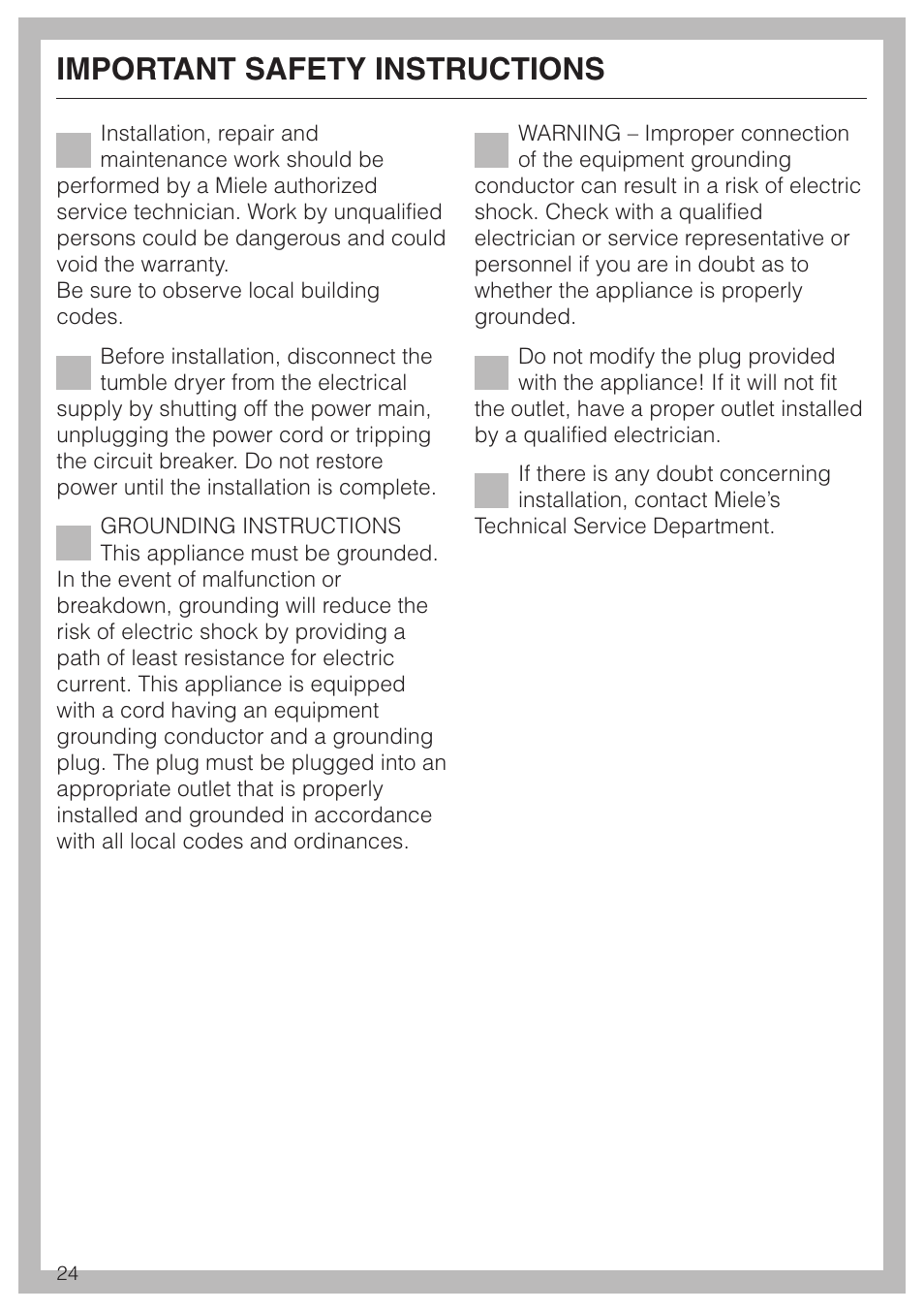 Important safety instructions 24, Important safety instructions | Miele TOUCHTRONIC T 8012 C User Manual | Page 28 / 40