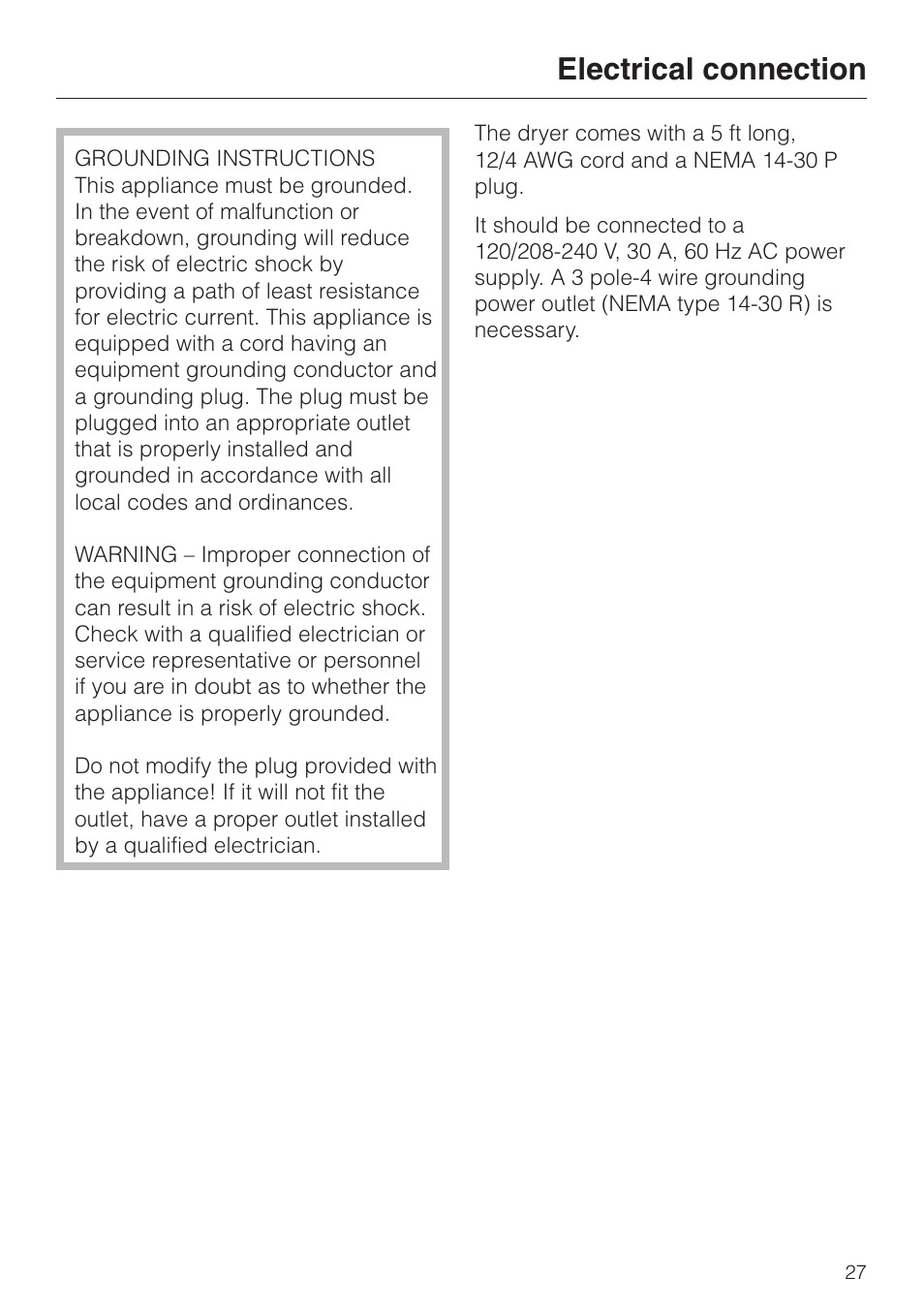 Electrical connection 27, Electrical connection | Miele TOUCHTRONIC T 8012 C User Manual | Page 31 / 40