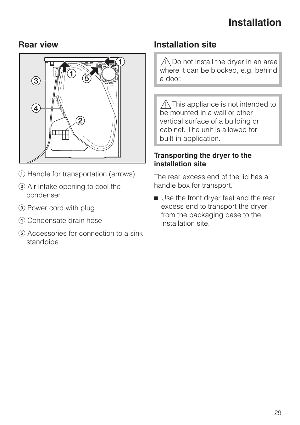 Installation site 29, Installation | Miele TOUCHTRONIC T 8012 C User Manual | Page 33 / 40