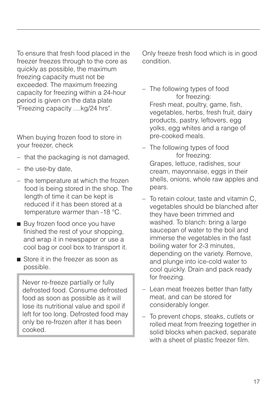 Freezing and storing food 17, Maximum freezing capacity 17, Storing frozen food 17 | Home freezing 17, Hints on home freezing 17, Freezing and storing food, Maximum freezing capacity, Storing frozen food, Home freezing | Miele F 311 i-6 User Manual | Page 17 / 36