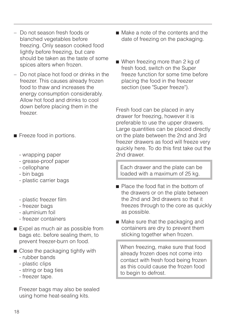 Packing 18, Before placing food in the freezer 18, Placing food in the freezer 18 | Freezing and storing food | Miele F 311 i-6 User Manual | Page 18 / 36