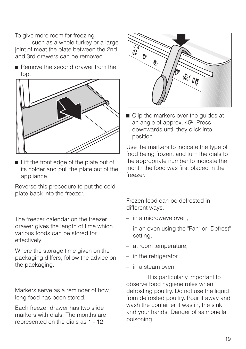 Freezer calendar 19, Marker system for frozen food 19, Defrosting 19 | Freezing and storing food, Freezer calendar, Marker system for frozen food, Defrosting | Miele F 311 i-6 User Manual | Page 19 / 36