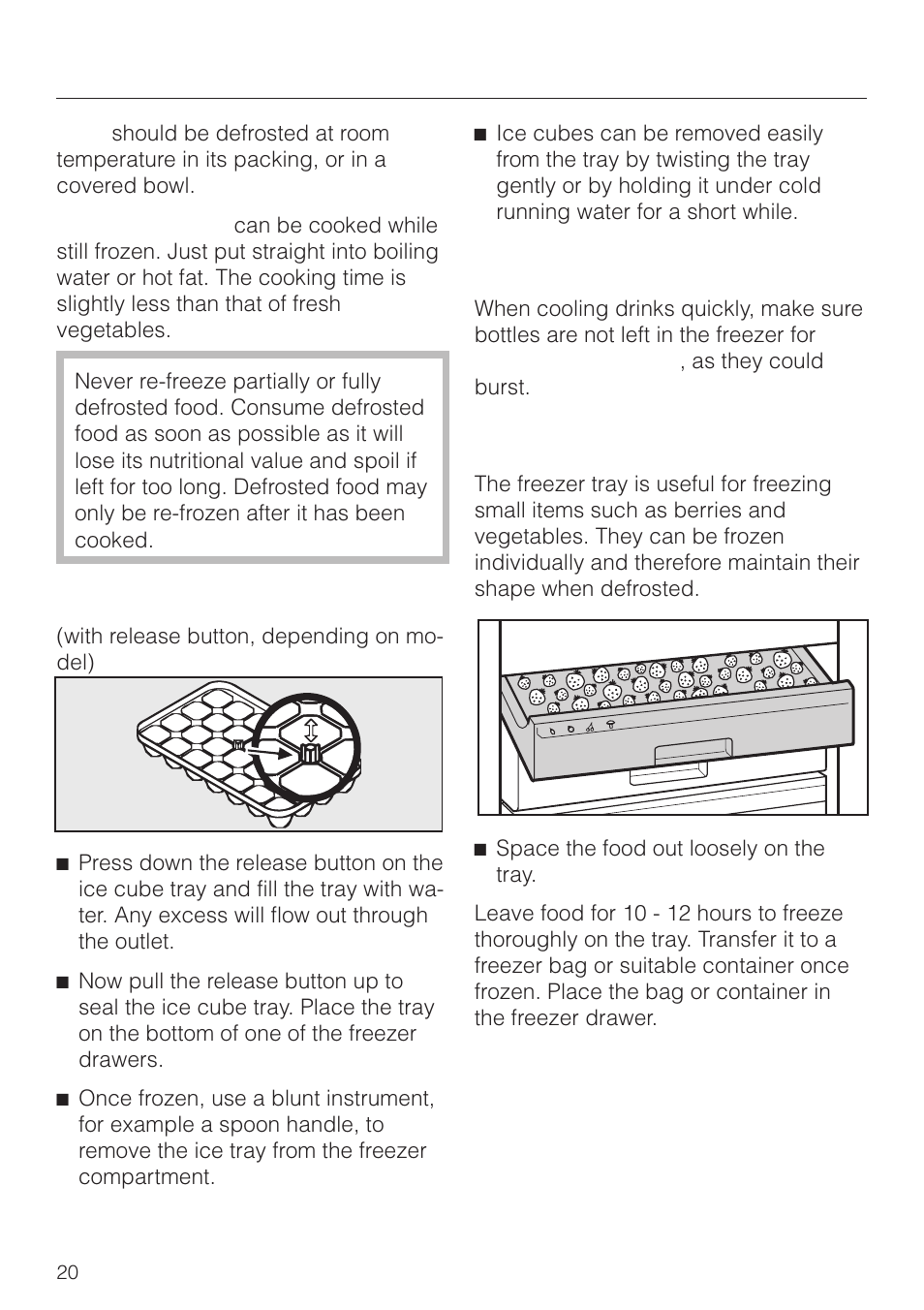 Ice cube tray 20, Cooling drinks 20, Freezer tray 20 | Freezing and storing food, Ice cube tray, Cooling drinks, Freezer tray | Miele F 311 i-6 User Manual | Page 20 / 36