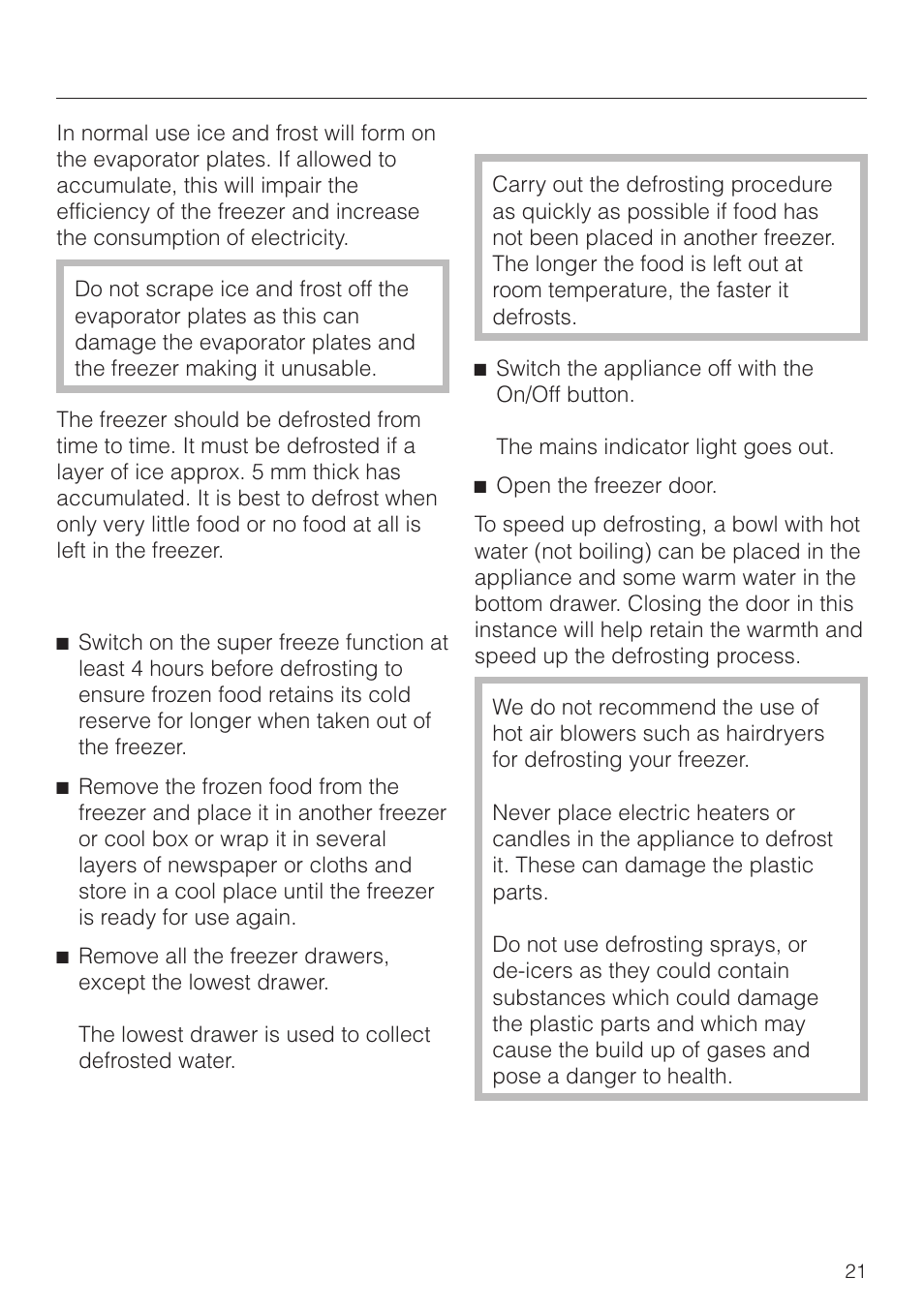 Defrosting 21, Defrosting | Miele F 311 i-6 User Manual | Page 21 / 36