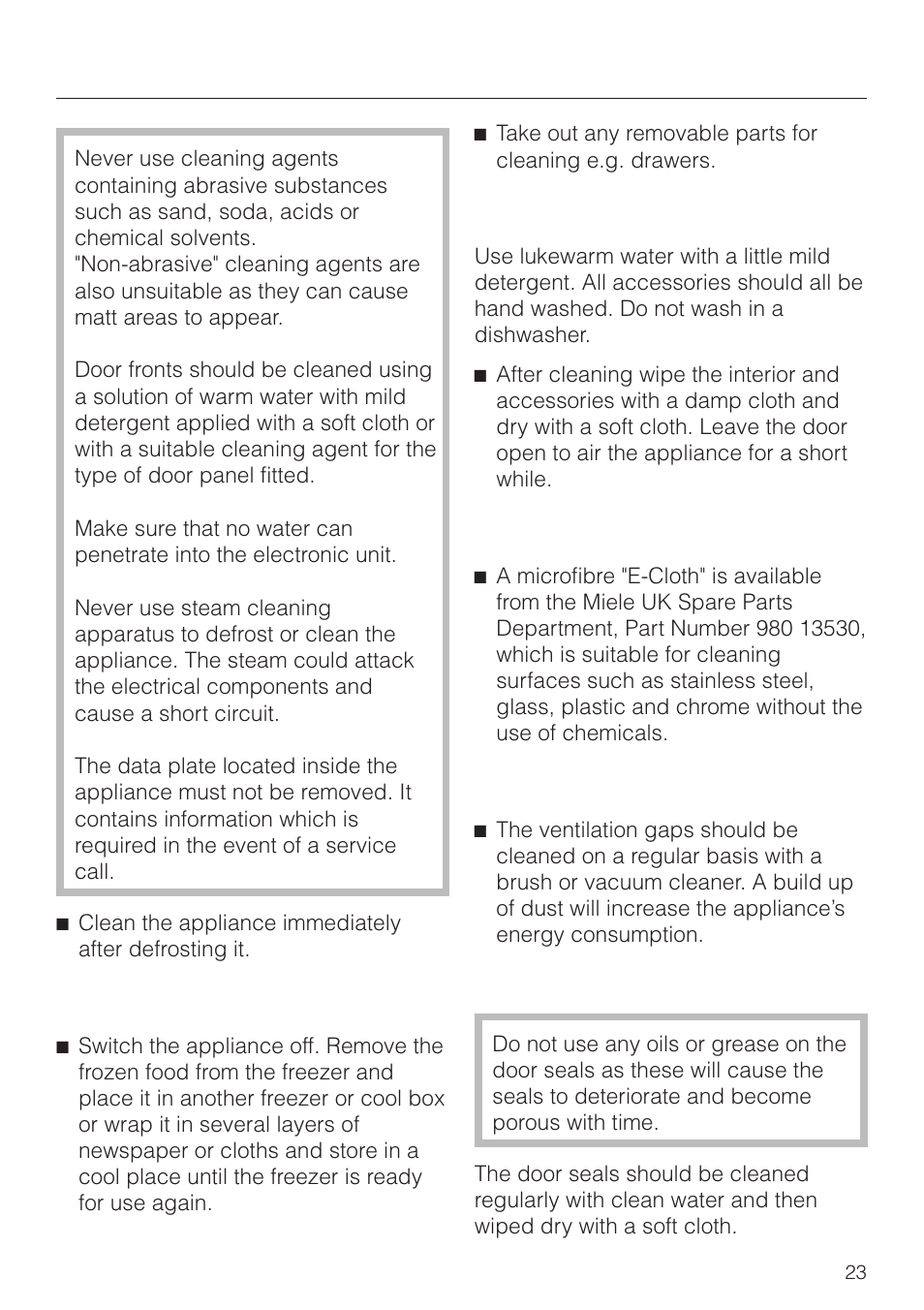 Cleaning and care 23, Interior and accessories 23, Ventilation gaps 23 | Door seal 23, Cleaning and care, Before cleaning, Interior and accessories, E-cloth, Ventilation gaps, Door seal | Miele F 311 i-6 User Manual | Page 23 / 36