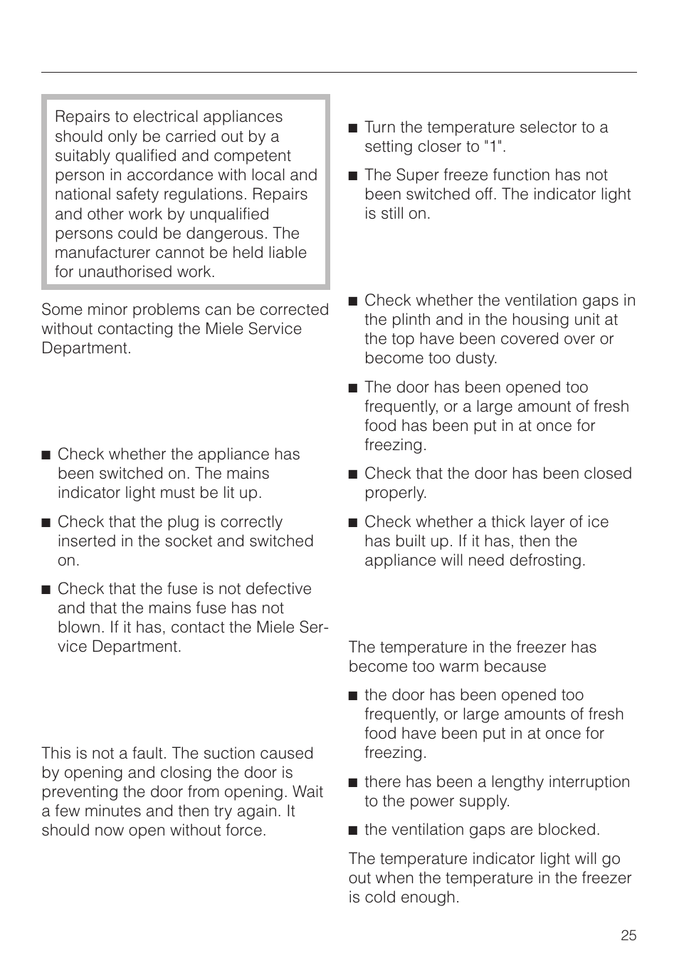 Problem solving guide 25, Problem solving guide | Miele F 311 i-6 User Manual | Page 25 / 36