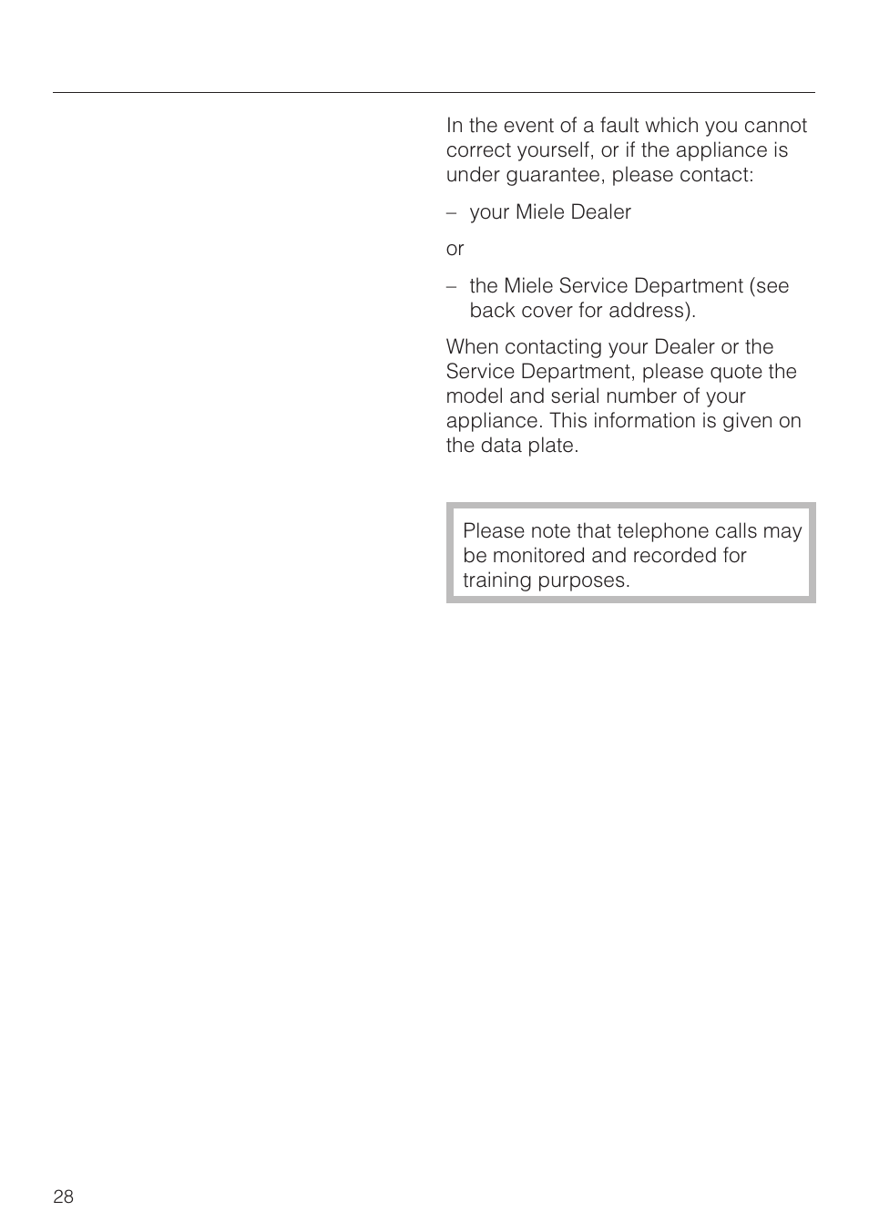 After sales service 28, After sales service | Miele F 311 i-6 User Manual | Page 28 / 36