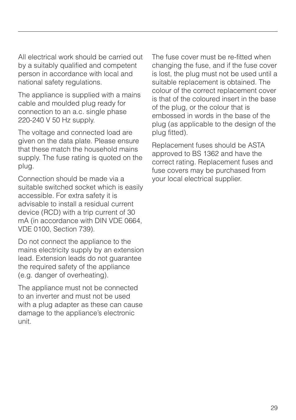 Electrical connection 29, Electrical connection u.k. 29, Electrical connection | Electrical connection u.k | Miele F 311 i-6 User Manual | Page 29 / 36