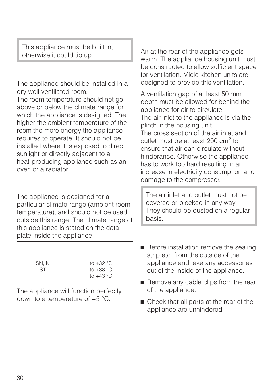 Installation 30, Location 30, Climate range 30 | Ventilation 30, Before installation 30, Installation, Location, Ventilation, Before installation | Miele F 311 i-6 User Manual | Page 30 / 36