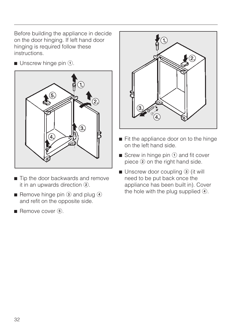 Changing the door hinging 32, Changing the door hinging | Miele F 311 i-6 User Manual | Page 32 / 36
