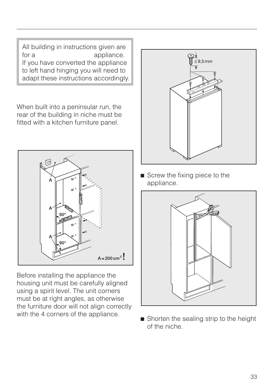 Building in the appliance 33, Building into a peninsular run 33, Building in the appliance | Building into a peninsular run, Aligning the housing unit, Preparing the appliance | Miele F 311 i-6 User Manual | Page 33 / 36