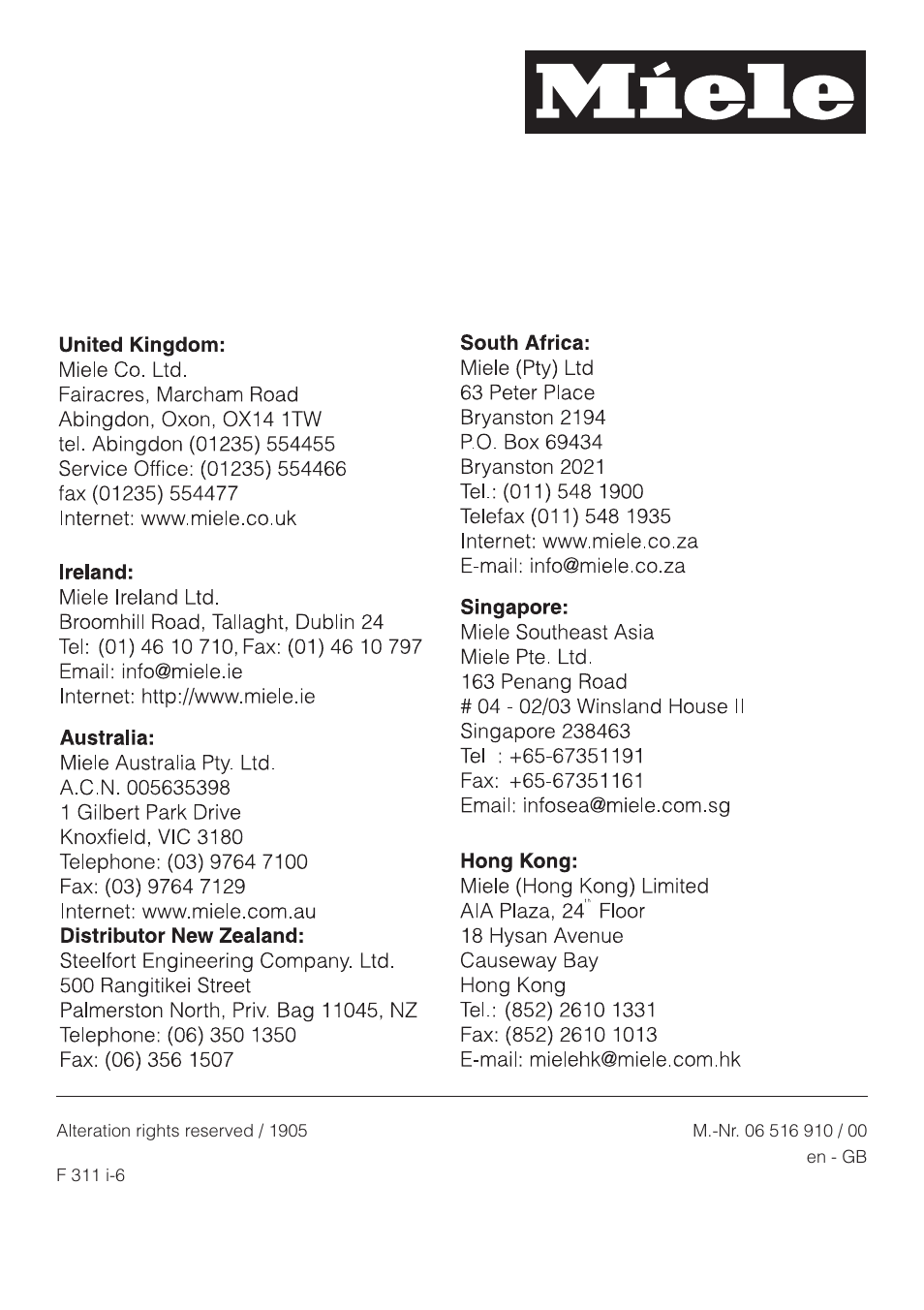 Miele F 311 i-6 User Manual | Page 36 / 36