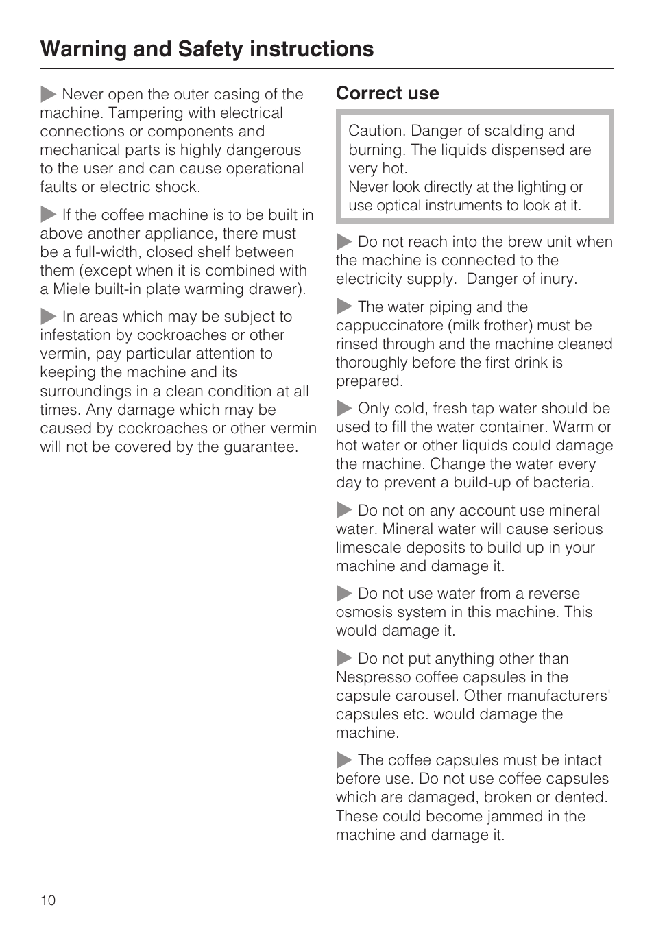 Warning and safety instructions | Miele CVA 3650  EN User Manual | Page 10 / 72