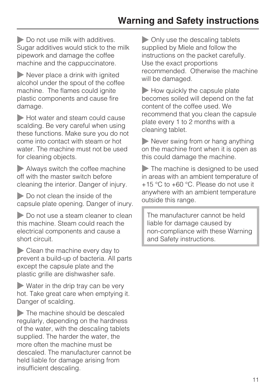 Warning and safety instructions | Miele CVA 3650  EN User Manual | Page 11 / 72