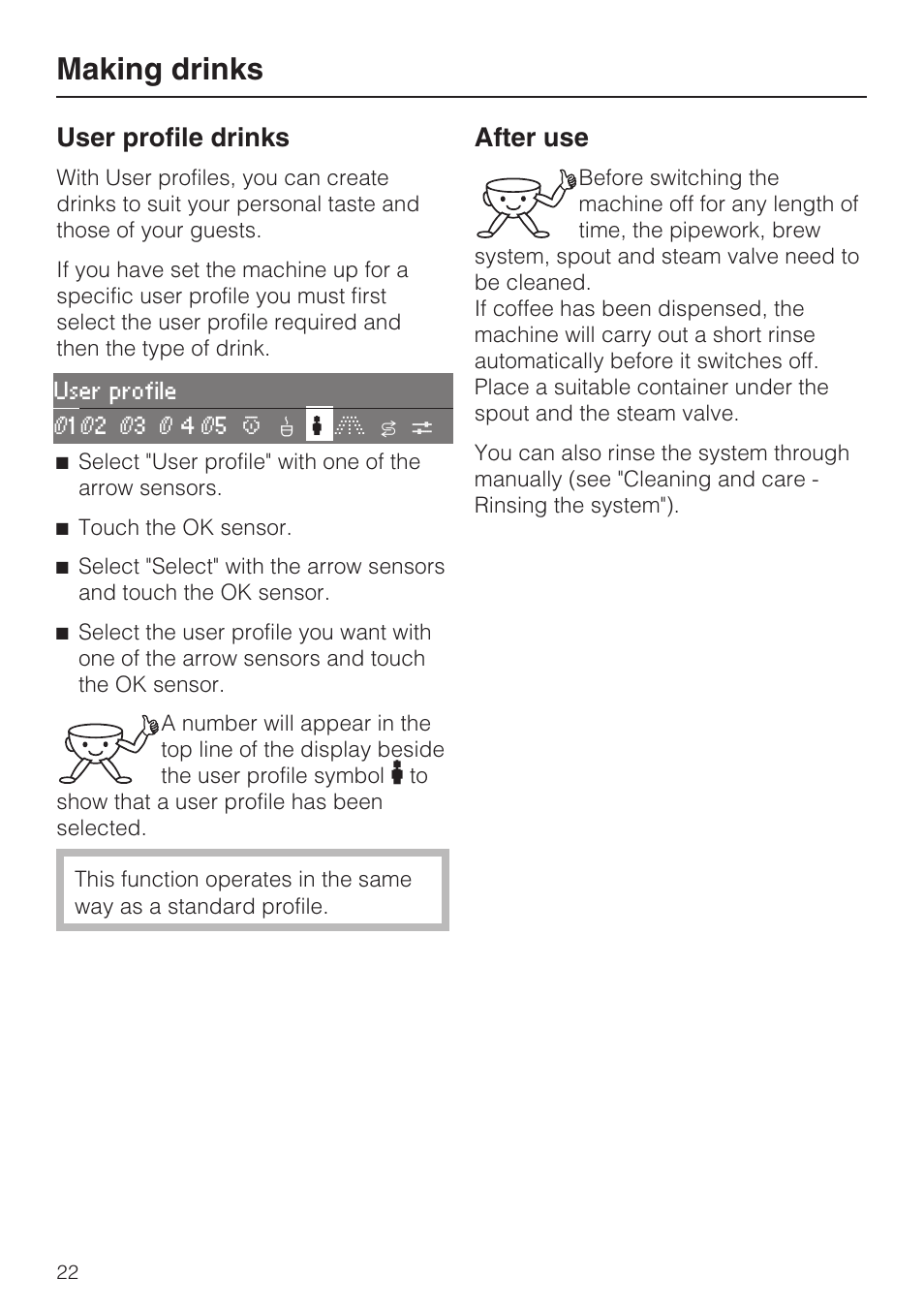 User profile drinks 22, After use 22, Making drinks | User profile drinks, After use | Miele CVA 3650  EN User Manual | Page 22 / 72