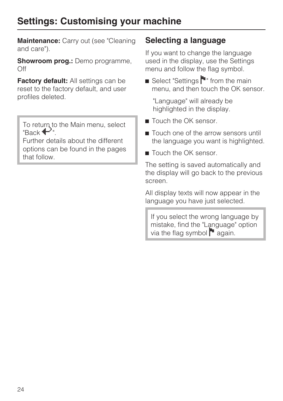 Selecting a language 24, Settings: customising your machine, Selecting a language | Miele CVA 3650  EN User Manual | Page 24 / 72