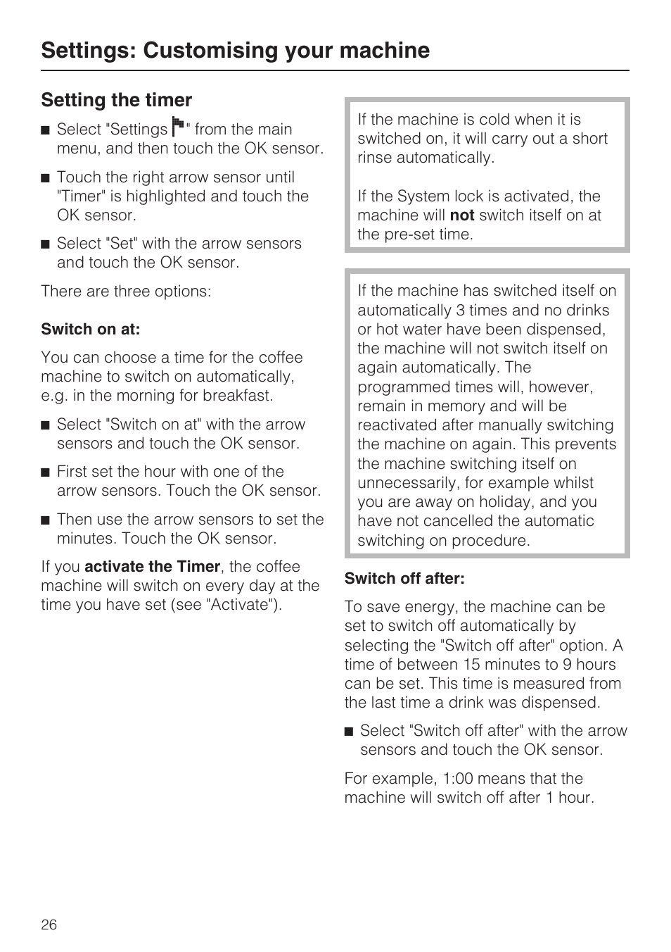 Setting the timer 26, Settings: customising your machine, Setting the timer | Miele CVA 3650  EN User Manual | Page 26 / 72