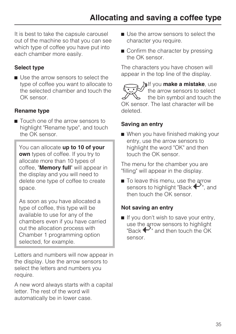 Select type 35, Rename type 35, Allocating and saving a coffee type | Miele CVA 3650  EN User Manual | Page 35 / 72