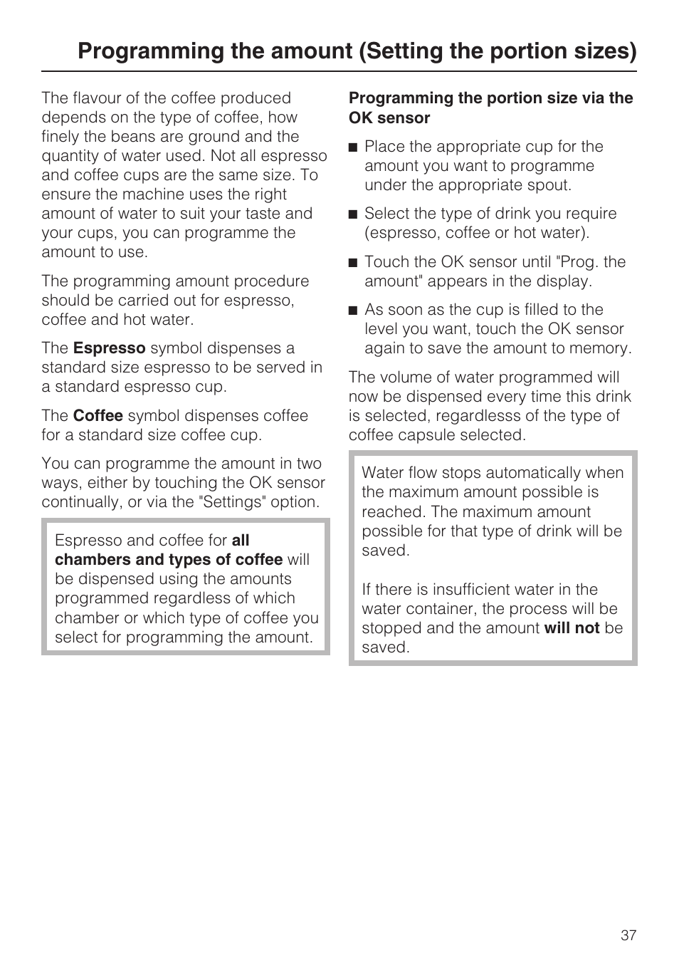 Programming the portion size via the ok sensor 37, Programming the amount (setting the portion sizes) | Miele CVA 3650  EN User Manual | Page 37 / 72
