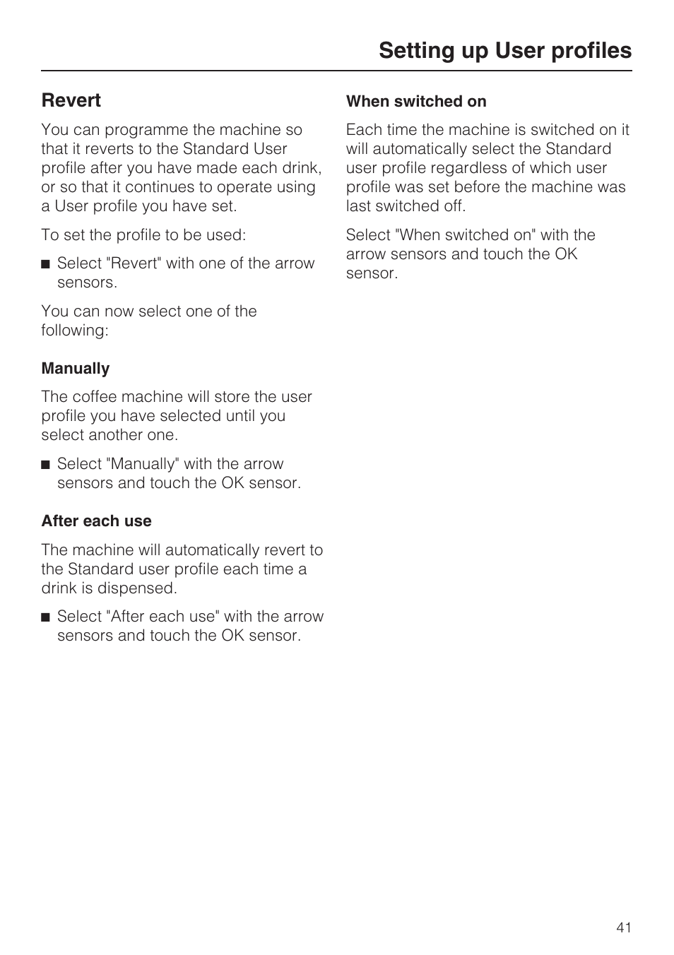 Revert 41, Setting up user profiles, Revert | Miele CVA 3650  EN User Manual | Page 41 / 72