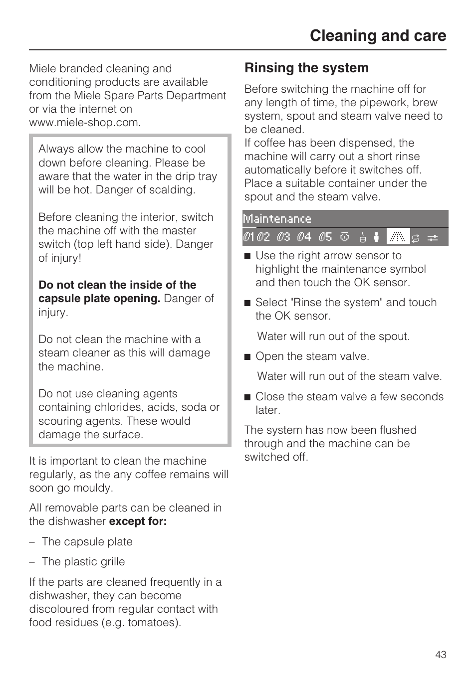 Rinsing the system 43, Cleaning and care, Rinsing the system | Miele CVA 3650  EN User Manual | Page 43 / 72