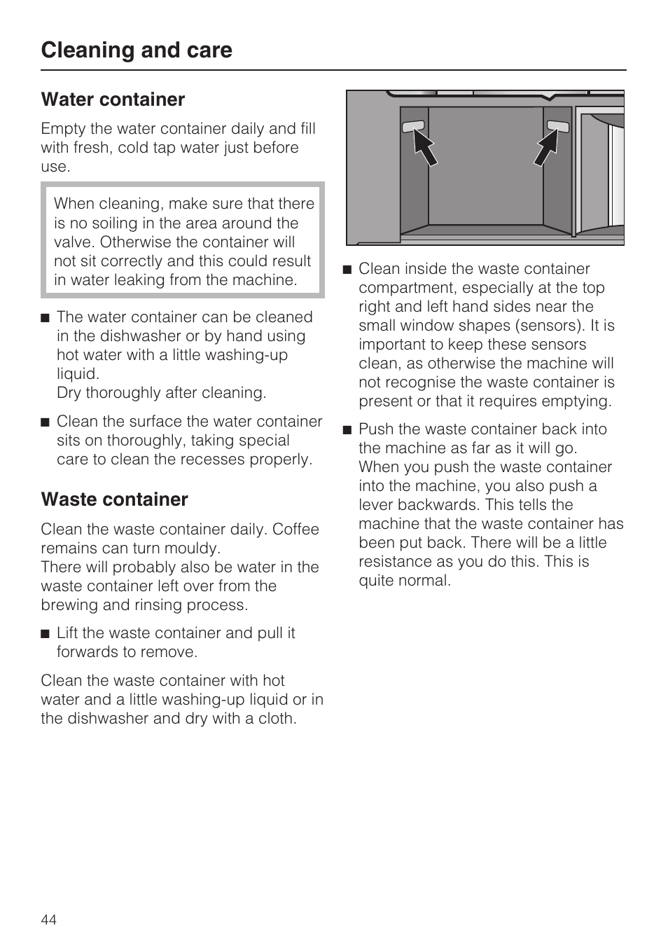 Water container 44, Waste container 44, Cleaning and care | Water container, Waste container | Miele CVA 3650  EN User Manual | Page 44 / 72