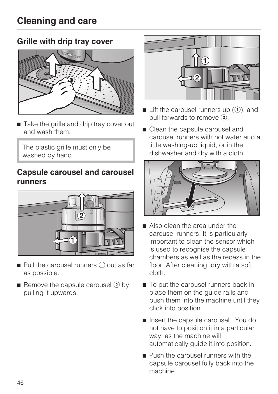 Grille with drip tray cover 46, Capsule carousel and carousel runners 46, Cleaning and care | Grille with drip tray cover, Capsule carousel and carousel runners | Miele CVA 3650  EN User Manual | Page 46 / 72