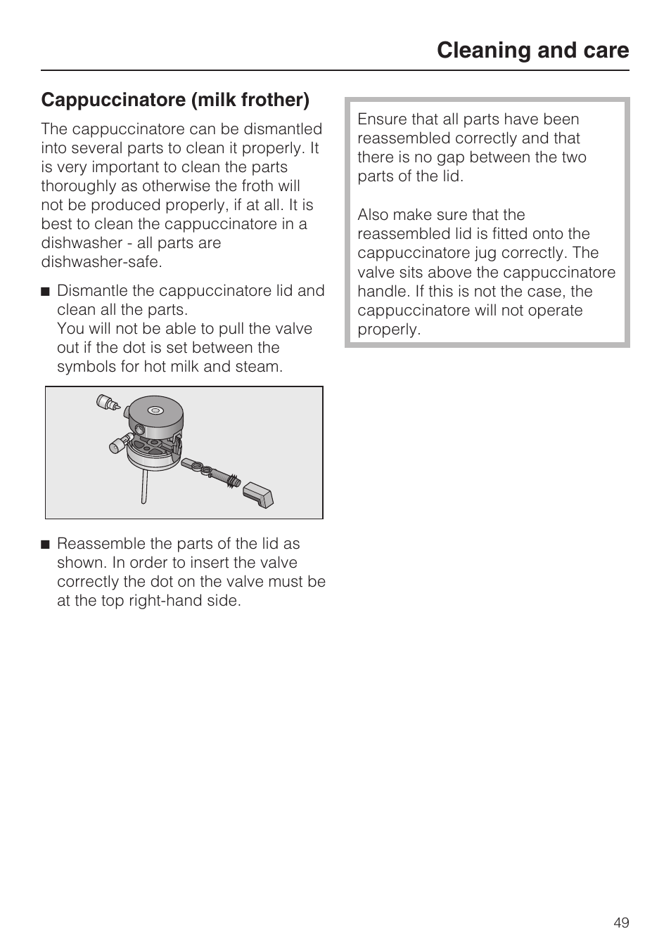 Cappuccinatore (milk frother) 49, Cleaning and care, Cappuccinatore (milk frother) | Miele CVA 3650  EN User Manual | Page 49 / 72