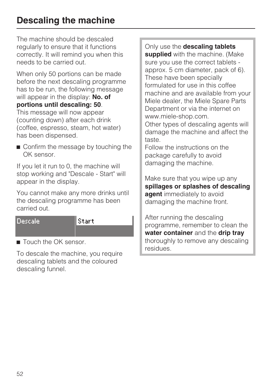 Descaling the machine 52, Descaling the machine | Miele CVA 3650  EN User Manual | Page 52 / 72