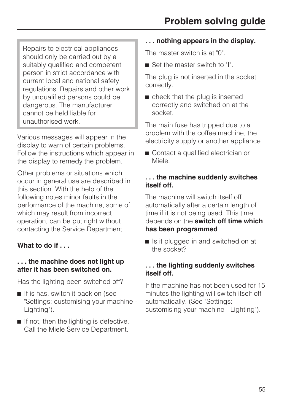 Problem solving guide 55, Problem solving guide | Miele CVA 3650  EN User Manual | Page 55 / 72