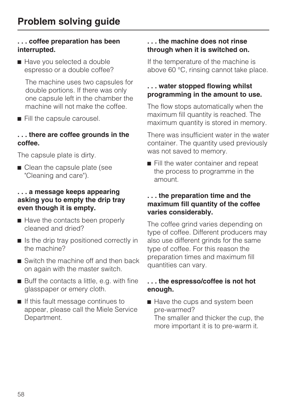 Problem solving guide | Miele CVA 3650  EN User Manual | Page 58 / 72
