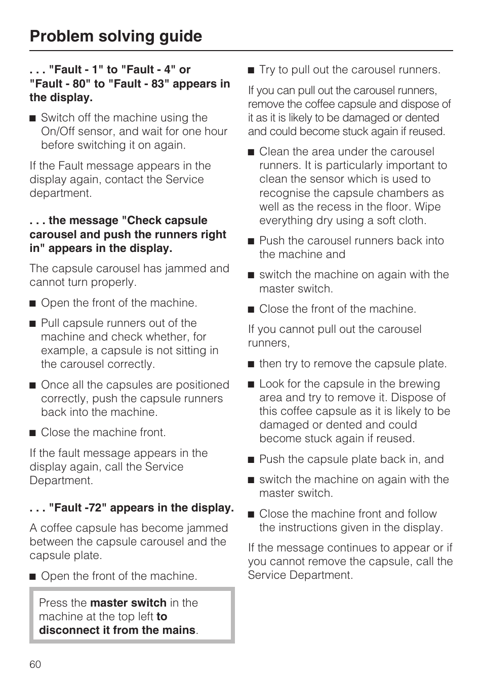 Problem solving guide | Miele CVA 3650  EN User Manual | Page 60 / 72