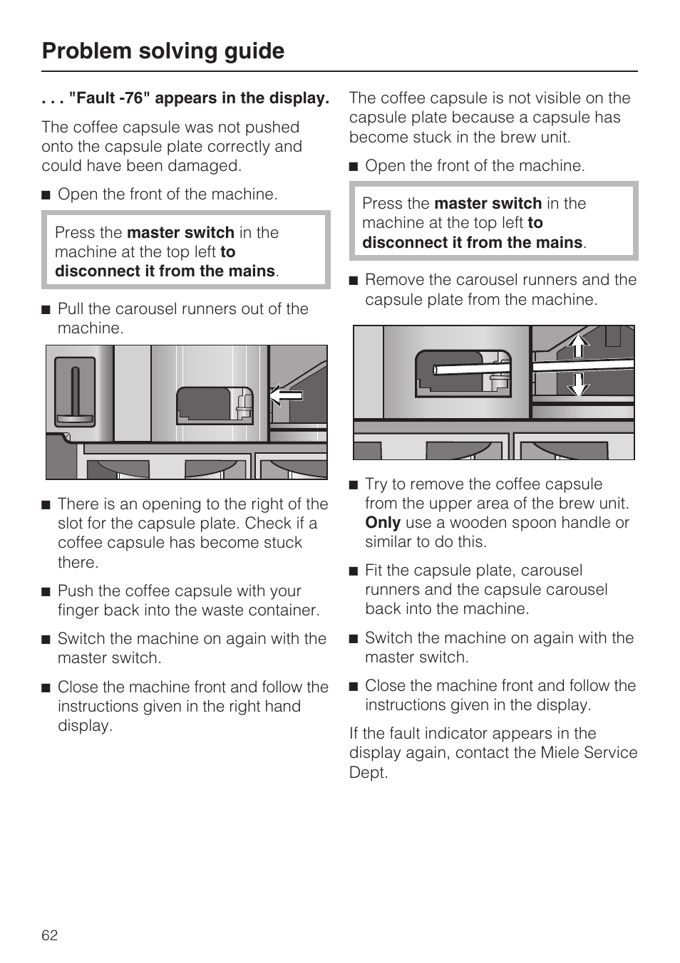 Problem solving guide | Miele CVA 3650  EN User Manual | Page 62 / 72