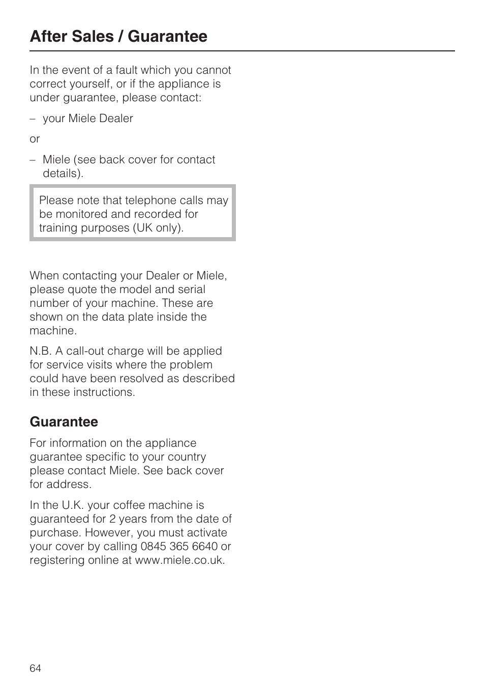 After sales / guarantee 64, After sales / guarantee, Guarantee | Miele CVA 3650  EN User Manual | Page 64 / 72