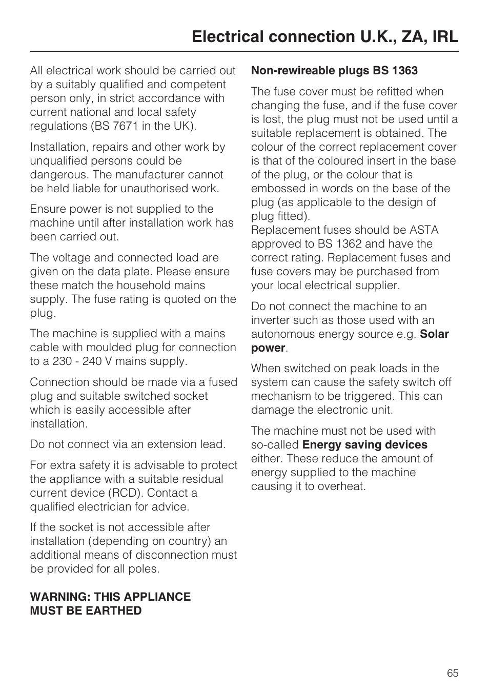 Electrical connection u.k., za, irl 65, Electrical connection u.k., za, irl | Miele CVA 3650  EN User Manual | Page 65 / 72