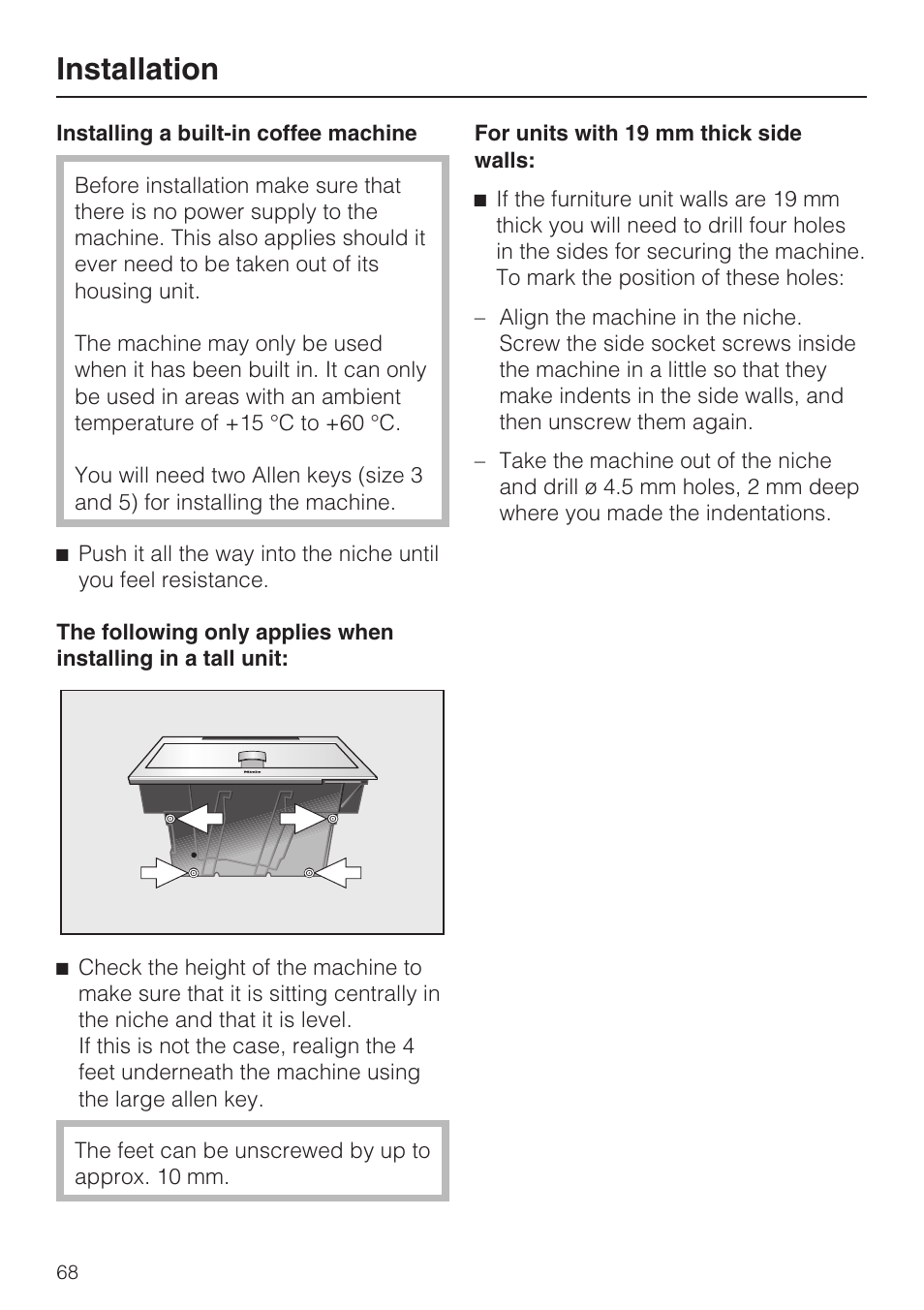 Installing a built-in coffee machine 68, Installation | Miele CVA 3650  EN User Manual | Page 68 / 72