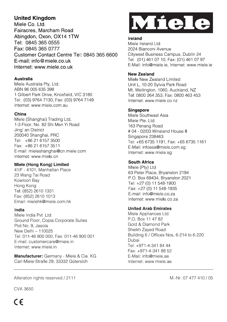 Miele CVA 3650  EN User Manual | Page 72 / 72