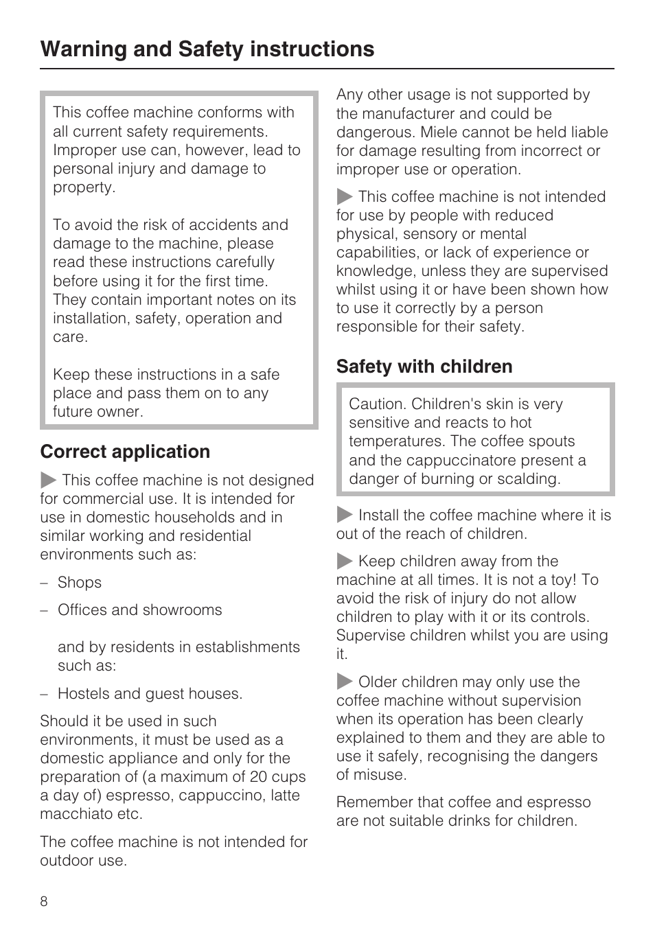Warning and safety instructions 8, Warning and safety instructions | Miele CVA 3650  EN User Manual | Page 8 / 72