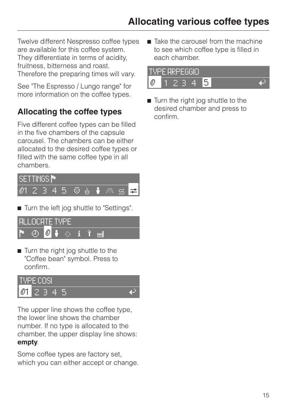 Allocating various coffee types 15, Allocating various coffee types, Allocating the coffee types | Miele CVA 2650 User Manual | Page 15 / 68