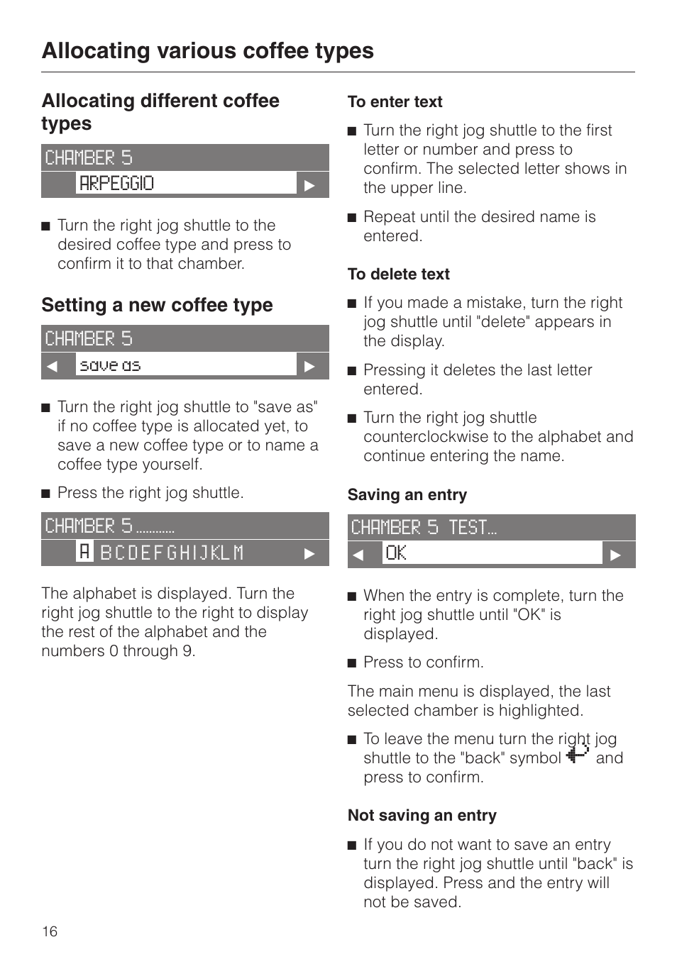 Allocating various coffee types, Allocating different coffee types, Setting a new coffee type | Miele CVA 2650 User Manual | Page 16 / 68